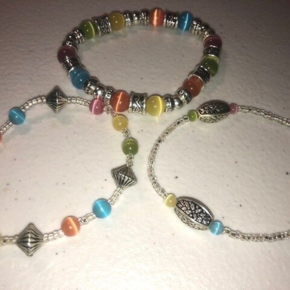 Set of 3 Avon stretch bracelets silver beads dusty pink yellow green blue orange